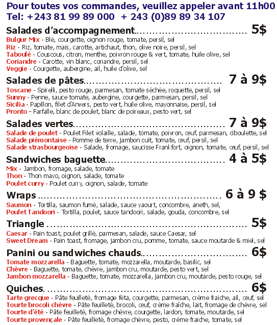 Liste des plats a emporter